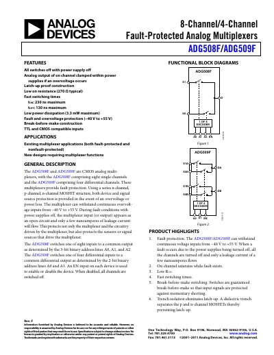 Analog Devices ADG508F/ADG509F Analog Multiplexer Datasheet - cover page