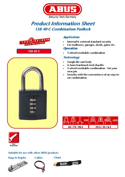 ABUS 158 40 C Combination Padlock Product Information Sheet - cover page