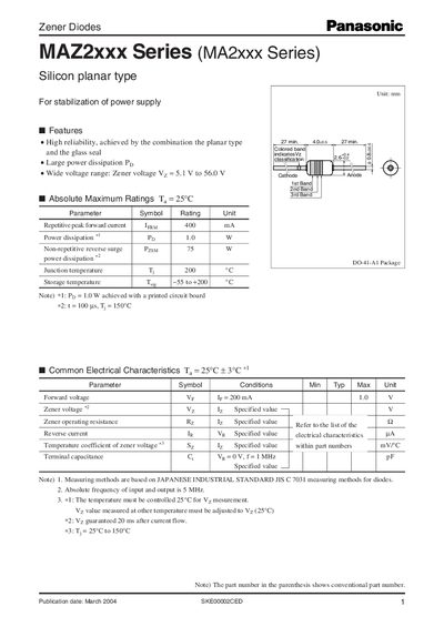 Panasonic MAZ2xxx Series Zener Diode Datasheet - cover page