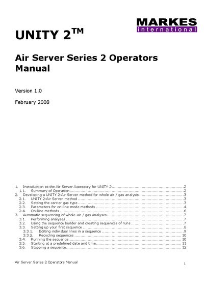 MARKES UNITY 2 Air Server Series 2 Operators Manual - cover page
