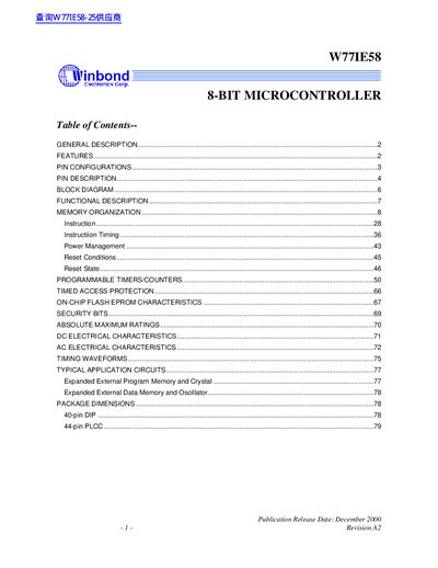 Winbond W77IE58 8-bit Microcontroller Datasheet - cover page