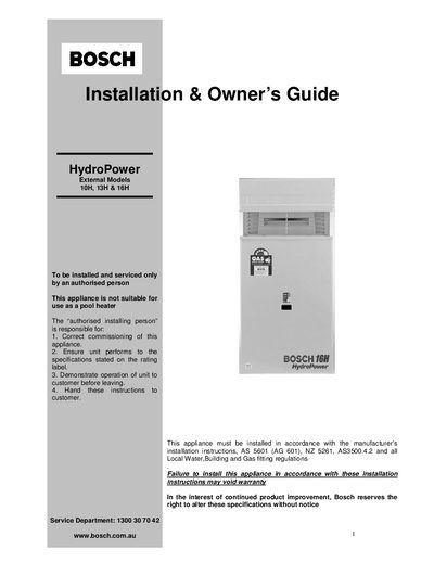 Bosch HydroPower 10H/13H/16H Installation & Owner’s Guide - cover page