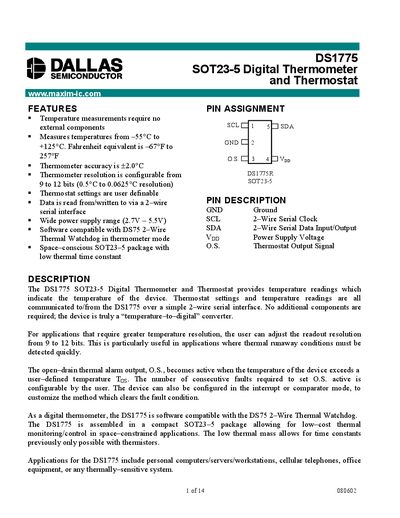 DALLAS DS1775 SOT23-5 Digital Thermometer Thermostat handbook - cover page