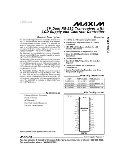 Maxim MAX3325 3V Dual RS-232 Transceiver with LCD Supply and Contrast Controller Datasheet