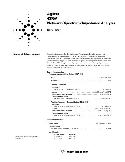 Agilent 4395A Network/Spectrum/Impedance Analyzer Datasheet - cover page