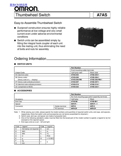 Omron A7AS Series Thumbwheel Switch Datasheet - cover page