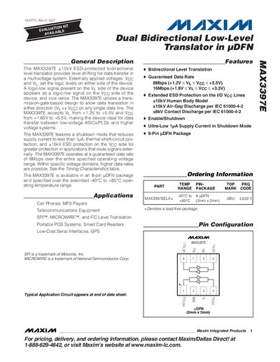 Maxim MAX3397E Dual Bidirectional Low-Level Translator Datasheet - cover page