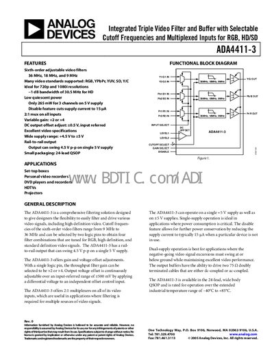 Analog Devices ADA4411-3 Video Filter Datasheet - cover page