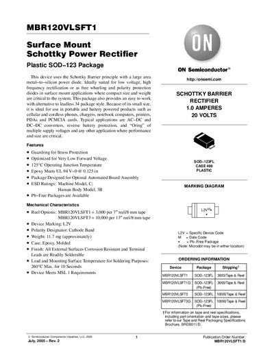 ON SEMICONDUCTOR MBR120VLSFT1 Surface Mount Schottky Power Rectifier Plastic SOD 123 Package handbook - cover page
