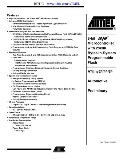 Atmel ATtiny84 Datasheet - cover page