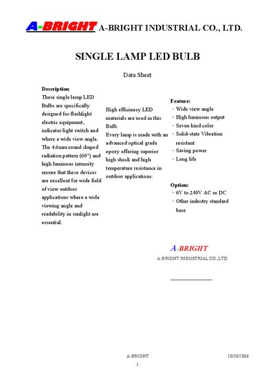 A-Bright AB-46TR-6VD-T5 Single Lamp LED Bulb Data Sheet - cover page