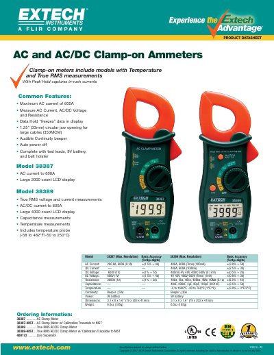 EXTECH 38387 AC/DC Clamp-on Ammeter Datasheet - cover page