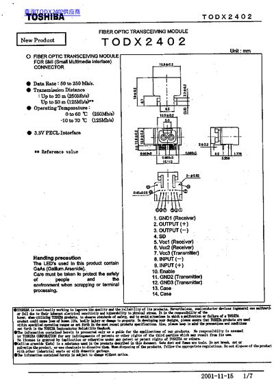 Toshiba TODX2402 Fiber Optic Transceiving Module Datasheet - cover page