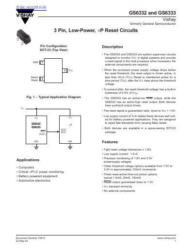 Vishay GS6332 GS6333 Low-Power Microprocessor Reset Circuit Datasheet - cover page