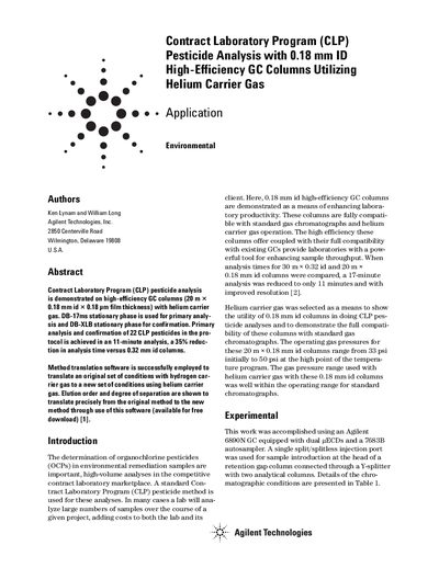 Agilent Contract Laboratory Program (CLP) Pesticide Analysis with 0.18 mm ID High-Efficiency GC Columns Utilizing Helium Carrier Gas - cover page