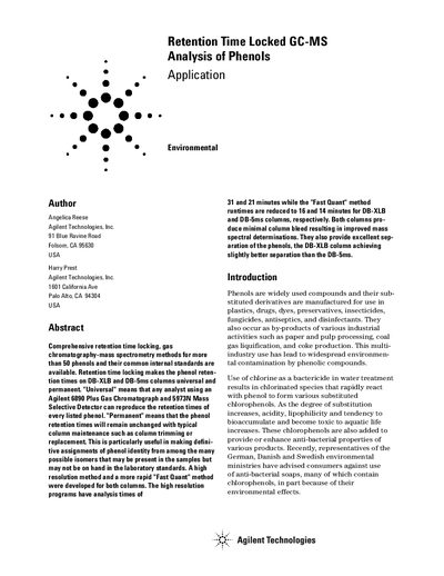 Retention Time Locked GC-MS Analysis of Phenols Application Note - cover page