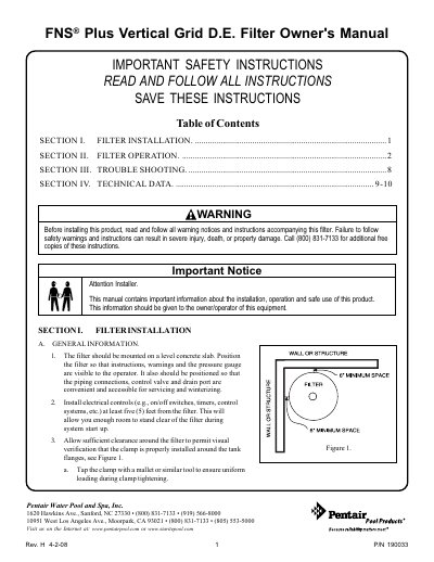 Pentair Plus Vertical Grid D.E. Filter Owner's Manual - cover page