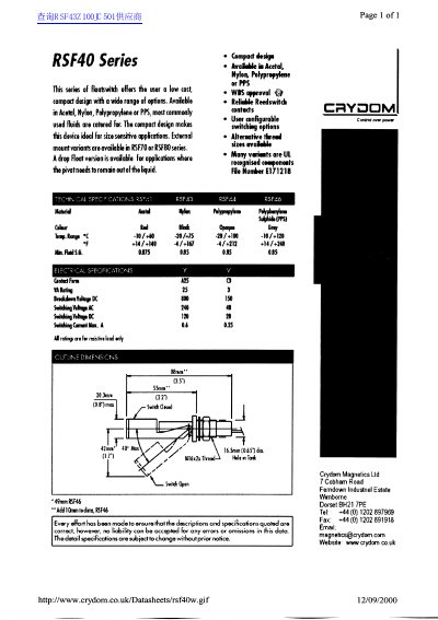 Crydom RSF40 Series Reed Switch Datasheet - cover page