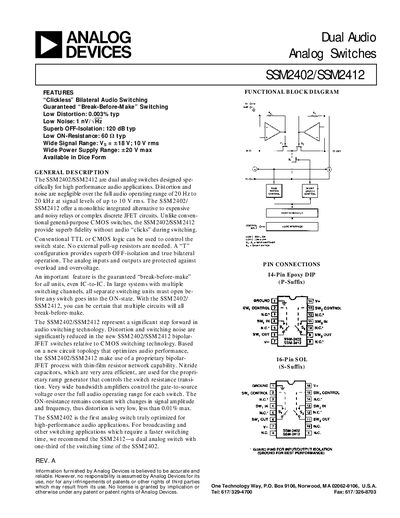 Analog Devices SSM2402/SSM2412 Dual Audio Analog Switch Handbook - cover page