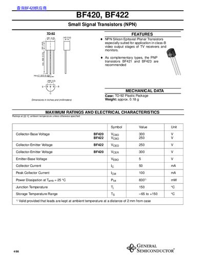 General Semiconductor BF420/BF422 Small Signal Transistors Datasheet - cover page