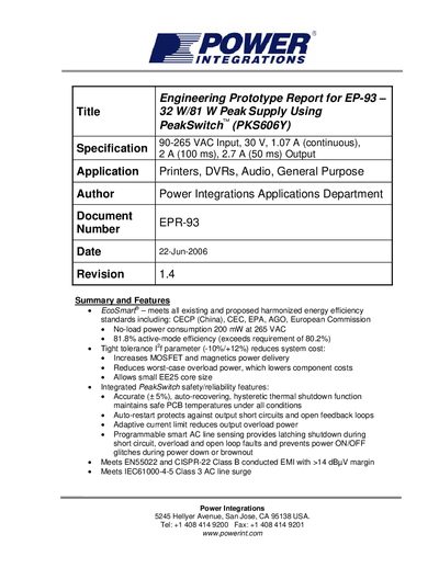 POWER INTEGRATIONS Engineering Prototype Report for EP-93 32 W/81 W Peak Supply Using PeakSwitch (PKS606Y) - cover page