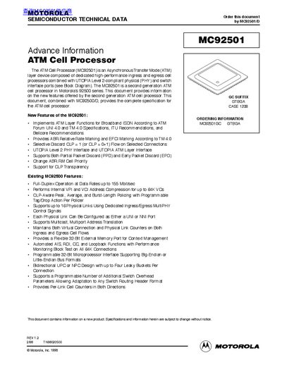 Motorola MC92501 ATM Cell Processor Technical Data Sheet - cover page