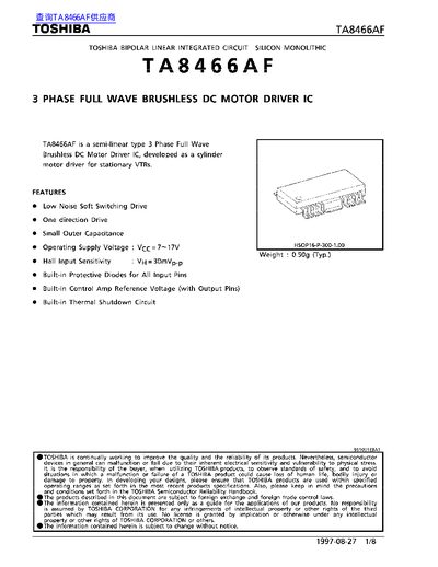 Toshiba TA8466AF Brushless DC Motor Driver IC Datasheet - cover page