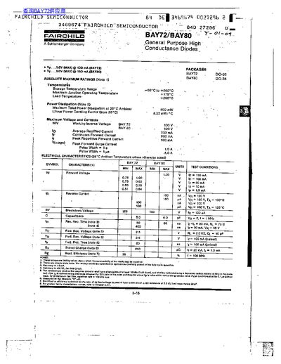 Fairchild BAY72/BAY80 General Purpose High Conductance Diodes Datasheet - cover page