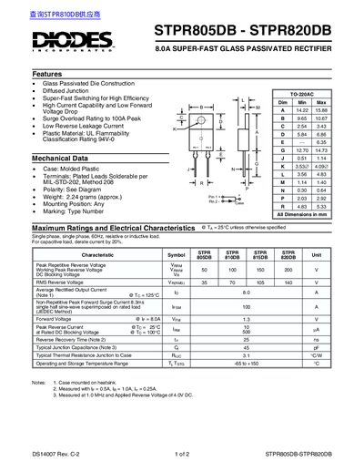 Diodes Incorporated STPR805DB-STPR820DB Super-Fast Rectifier Datasheet - cover page