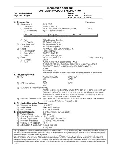 Alpha Wire 6222C Customer Product Specification - cover page
