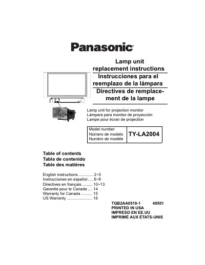 Panasonic TY-LA2004 Lamp Unit Replacement Instructions - cover page