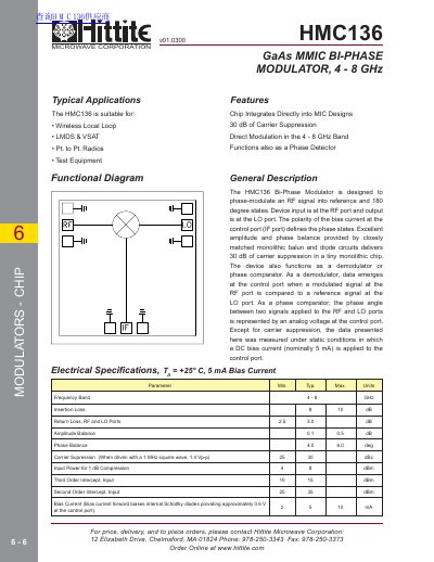Hittite HMC136 GaAs MMIC Bi-Phase Modulator Datasheet - cover page