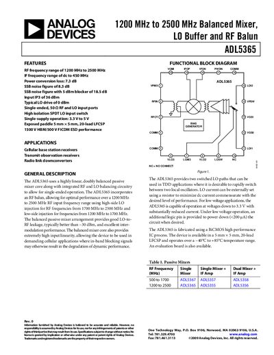 Analog Devices ADL5365 Balanced Mixer Datasheet - cover page