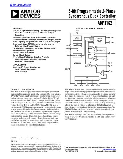 Analog Devices ADP3162 5-Bit Programmable 2-Phase Synchronous Buck Controller Datasheet - cover page