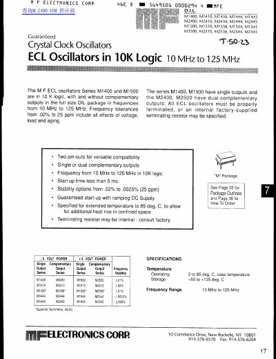 MF Electronics Crystal Clock Oscillators ECL Datasheet - cover page