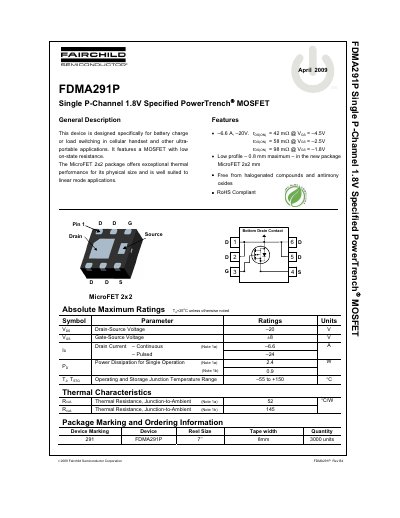 Fairchild FDMA291P Single P-Channel MOSFET Datasheet - cover page
