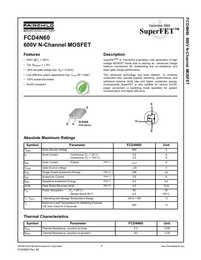 Fairchild FCD4N60 SuperFET MOSFET Datasheet - cover page