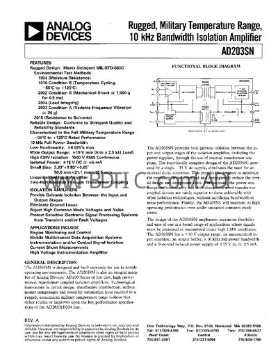 Analog Devices AD203SN Isolation Amplifier Datasheet - cover page