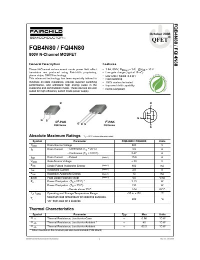 Fairchild Semiconductor FQB4N80/FQI4N80 800V N-Channel MOSFET Datasheet - cover page