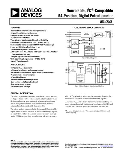 Analog Devices AD5258 Digital Potentiometer Datasheet - cover page