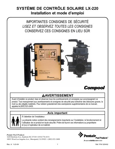 Compool LX-220 Solar Control System Installation and User Manual - cover page