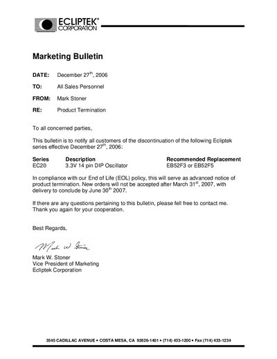 Ecliptek EC20 Oscillator Marketing Bulletin - cover page