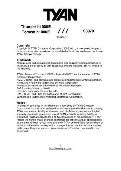 TYAN S3970 Thunder h1000E Tomcat h1000E Manual - cover page