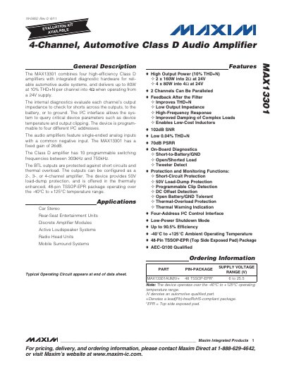 Maxim MAX13301 Automotive Class D Audio Amplifier Data Sheet - cover page