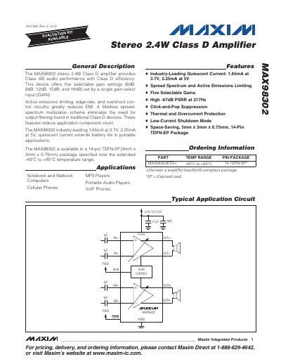 Maxim MAX98302 Stereo 2.4W Class D Amplifier Datasheet - cover page