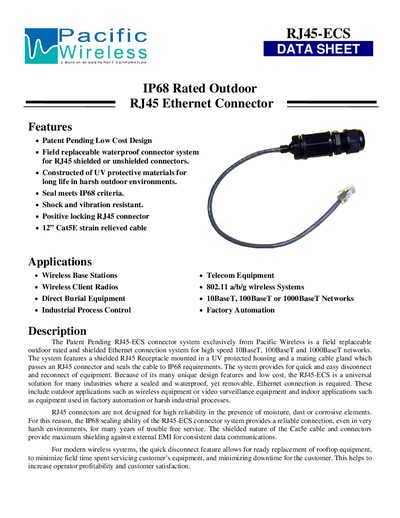 IP68 Rated Outdoor RJ45 Ethernet Connector handbook - cover page