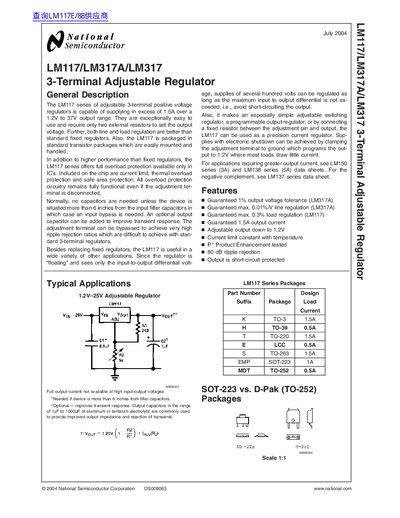 National Semiconductor LM117/LM317A/LM317 3-Terminal Adjustable Regulator Datasheet