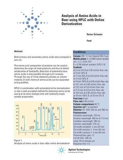 Agilent Application Note 5966-0746E Analysis of Amino Acids in Beer using HPLC with Online Derivatization - cover page