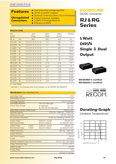 Recom RJ-xxS/RG-xxD Selection Guide - cover page