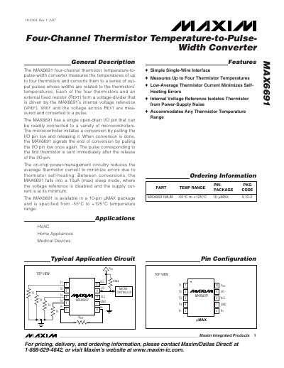 Maxim MAX6691 Four-Channel Thermistor Temperature-to-Pulse-Width Converter Datasheet - cover page